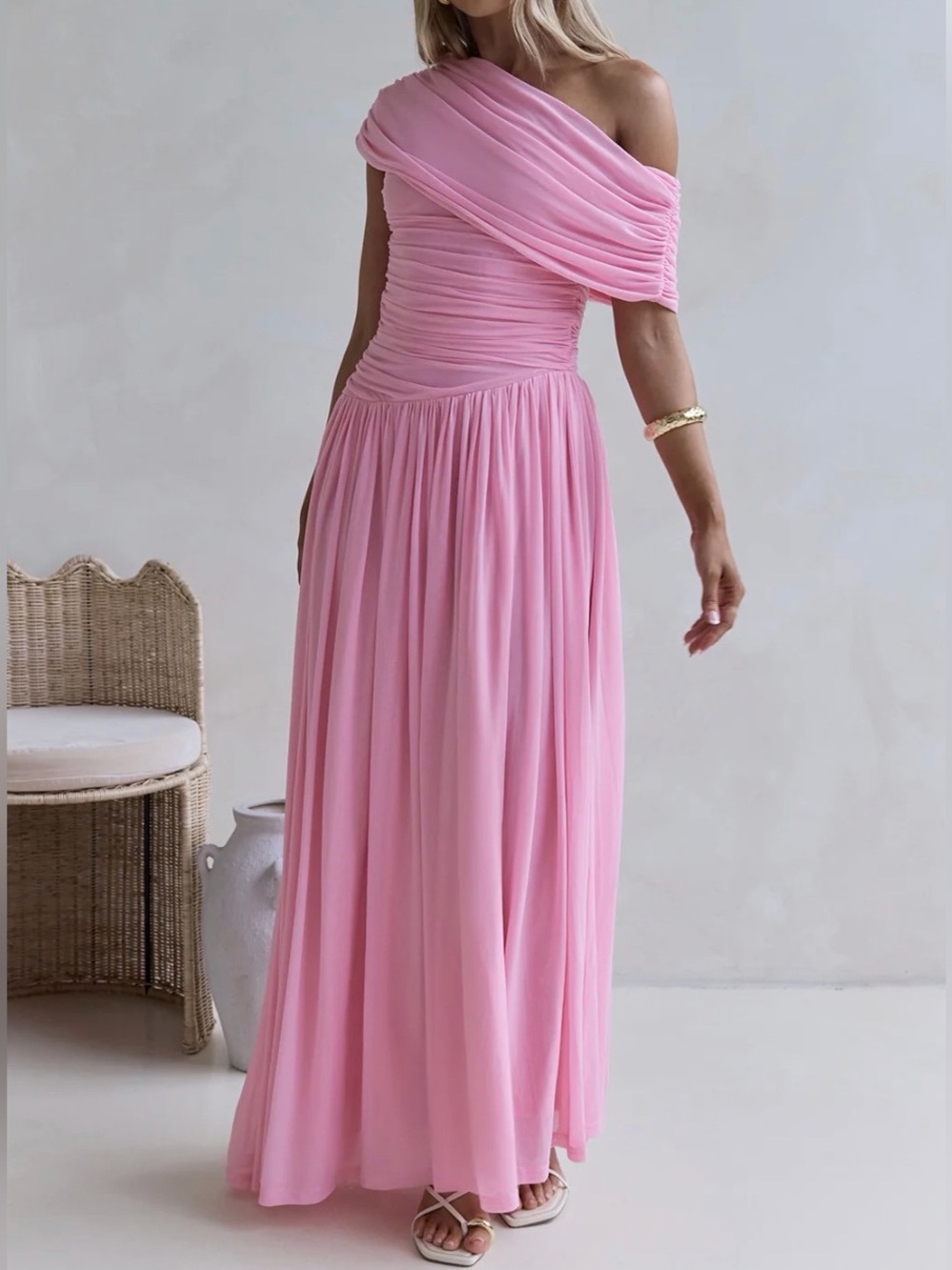 Hidden Flair One Shoulder Mesh Maxi Dress - Pink